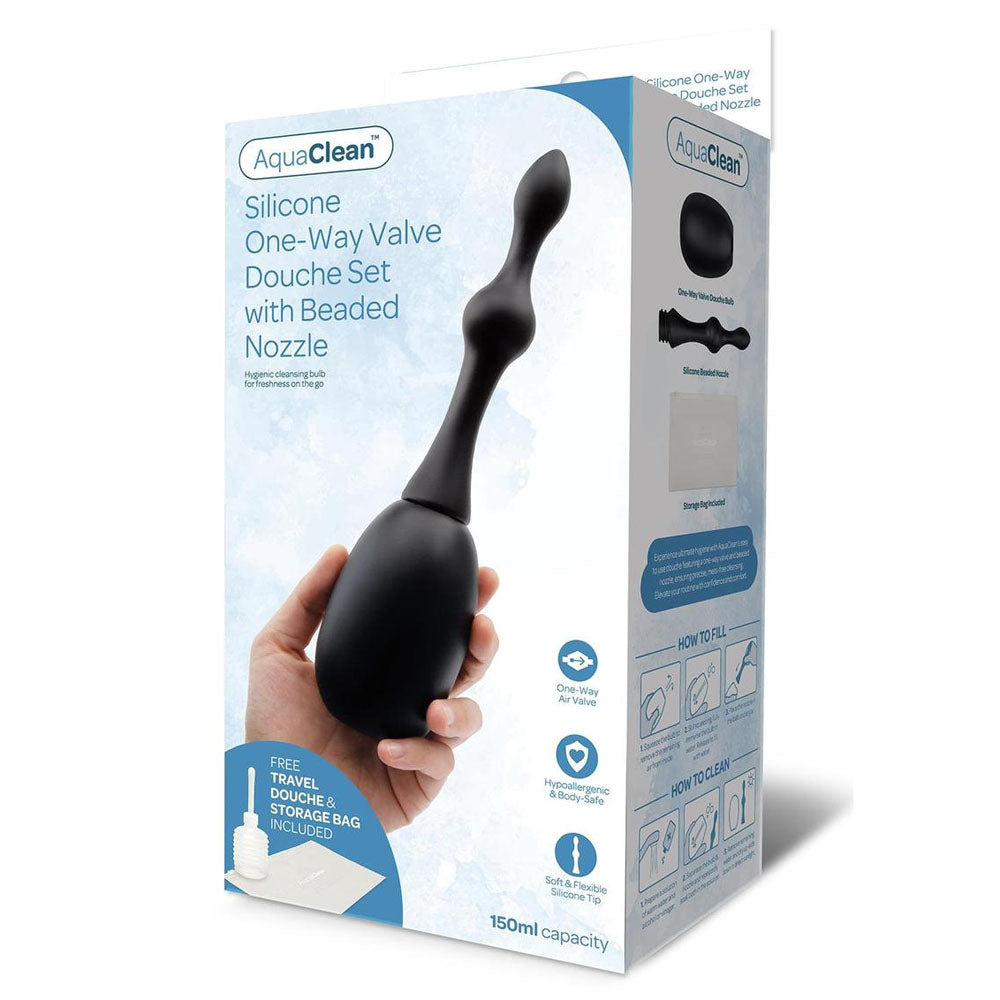 Silicone anal douche set with one-way valve and beaded nozzle