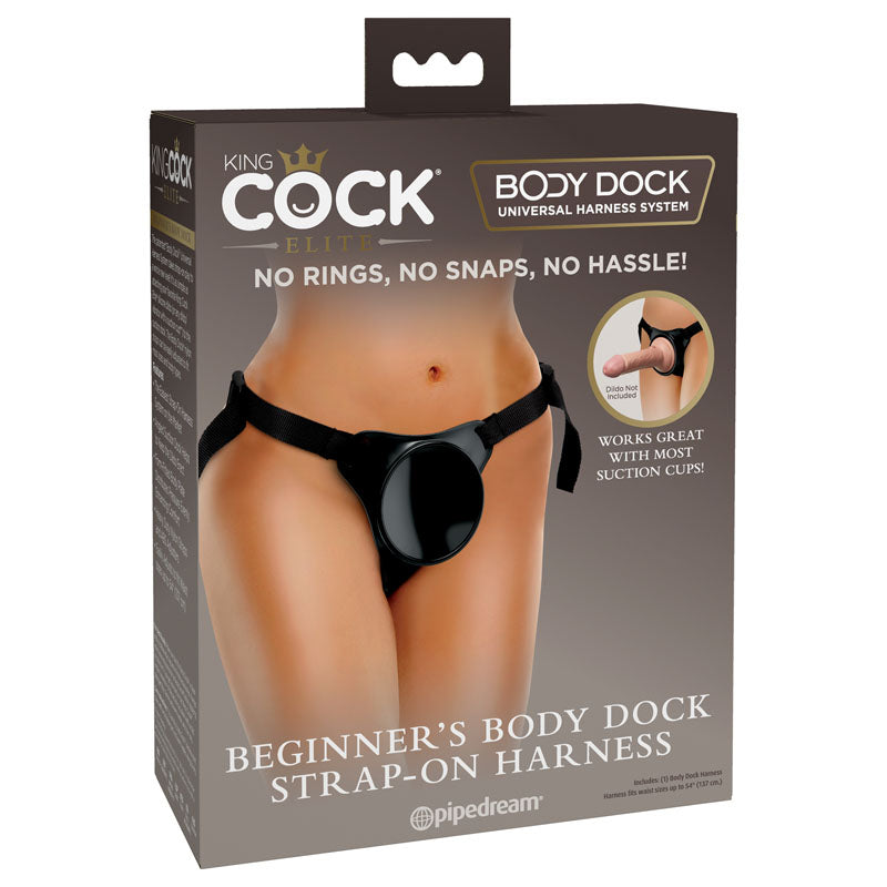 King Cock Elite Beginner's Body Dock strap-on harness in black with adjustable nylon straps