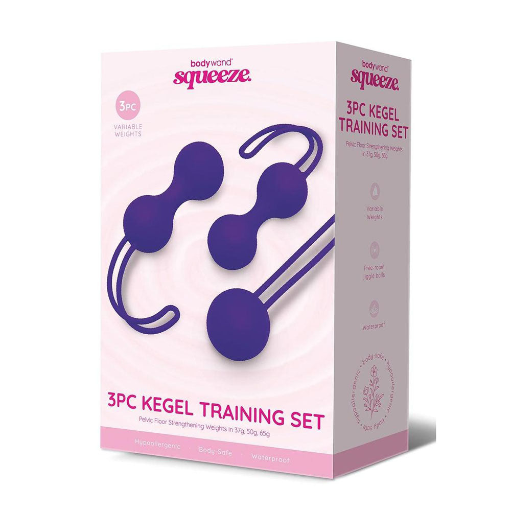 Graduated purple silicone kegel ball training set with retrieval cords