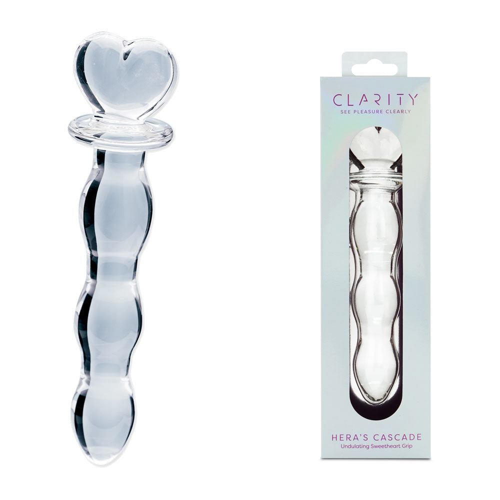 Clear borosilicate glass dildo with curved shaft and heart-shaped grip handle