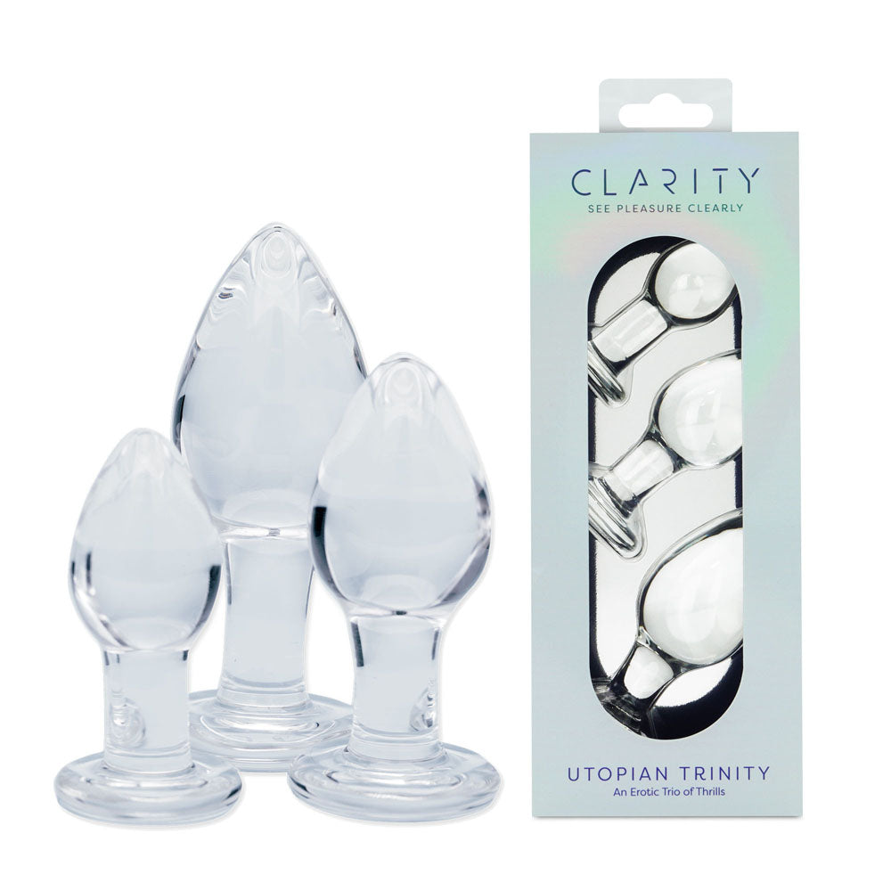 Clarity Utopian Trinity set of three clear glass butt plugs in graduated sizes