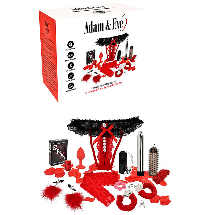 Adam and Eve Deluxe Red Hot 13 piece couples kit shown as a pack shot
