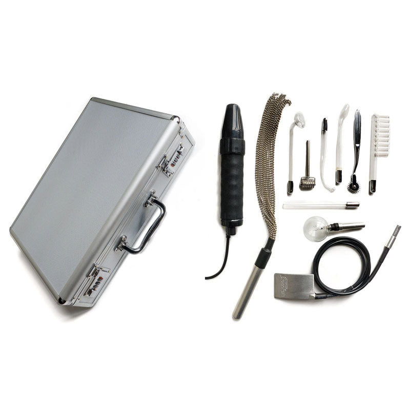 KinkLab Agent Noir 11 piece neon wand electrosex kit in lockable silver case