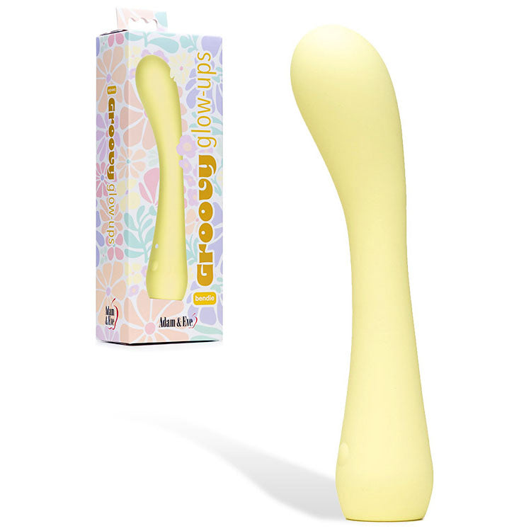 Yellow flexible G-spot vibrator with a curved tip and glowing LED base