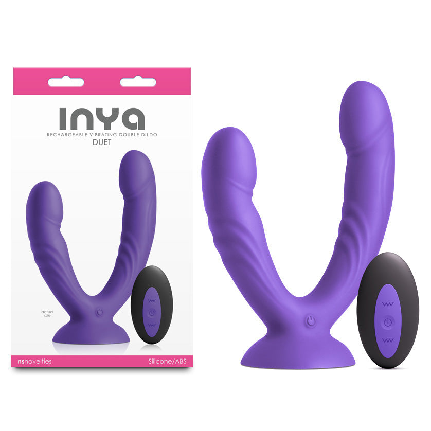 Purple INYA Duet vibrating double dildo with two shafts and a suction cup base