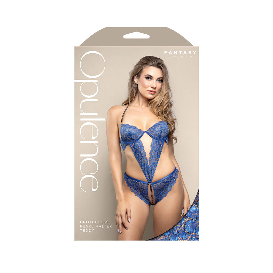 OPULENCE Crotchless Pearl Halter Teddy SM - Royal Blue - S/M Size — image 3