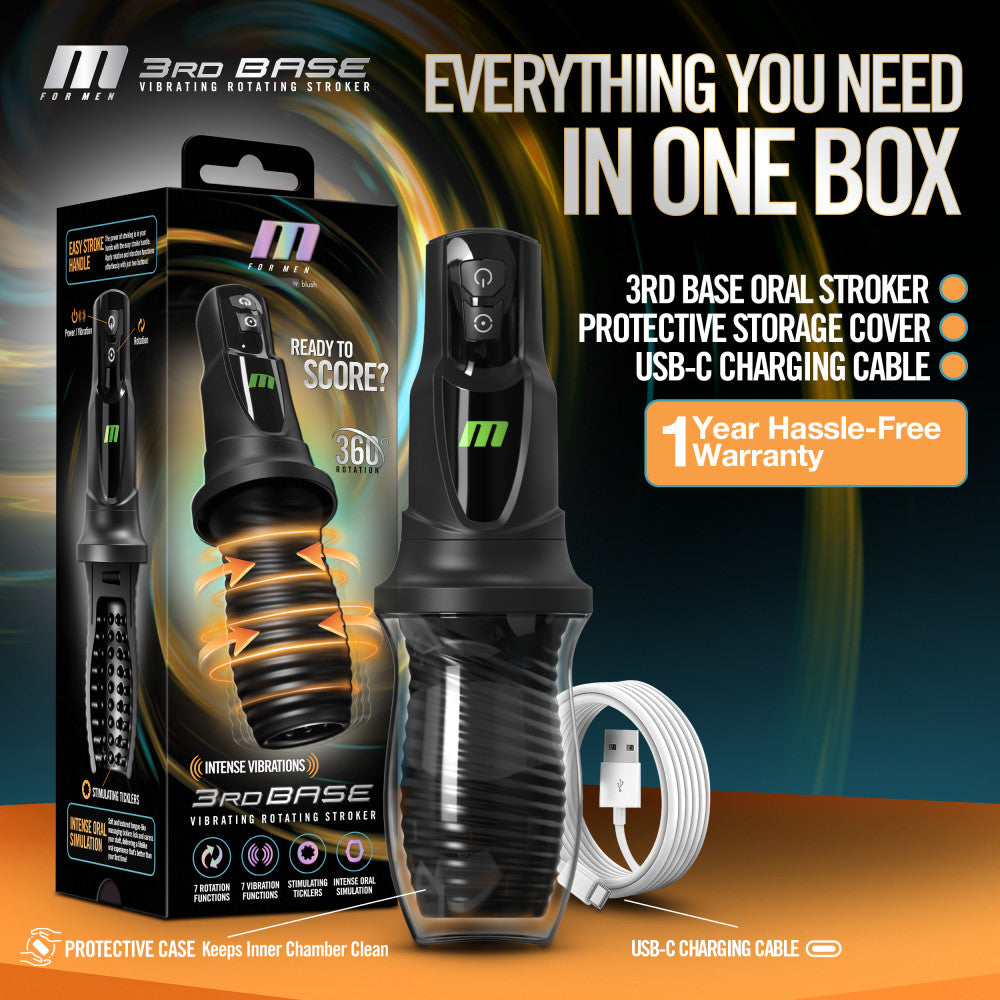 M For Men - 3rd Base - Black USB Rechargeable Vibrating & Rotating Auto Stroker — view 6
