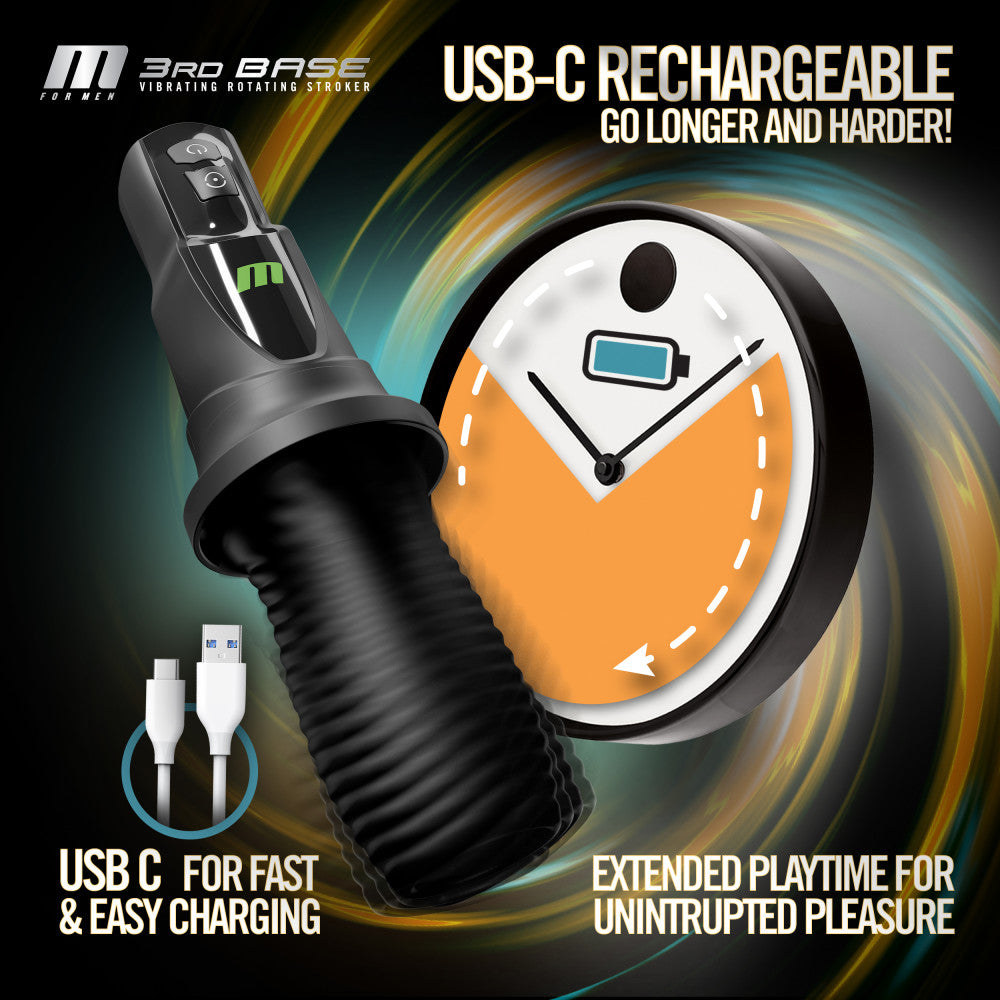 M For Men - 3rd Base - Black USB Rechargeable Vibrating & Rotating Auto Stroker — view 7
