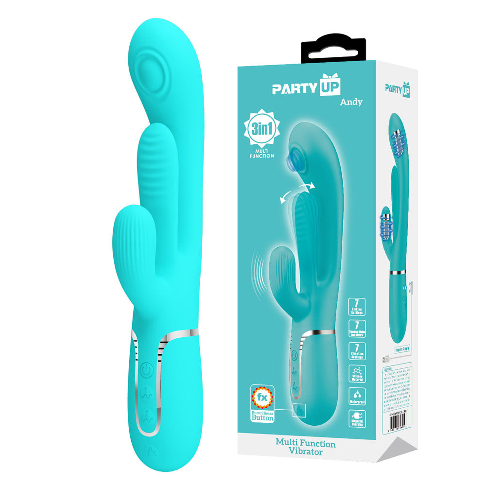 Party Up ANDY Multi Function Vibrator - Teal - Teal 22.2 cm Rabbit Vibrator with Flicking and Thumping Tip buy online Austral