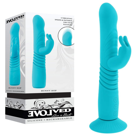 Evolved BUNNY HOP - Teal 25.1 cm Thrusting Rabbit Vibrator with Suction Base buy online Australia