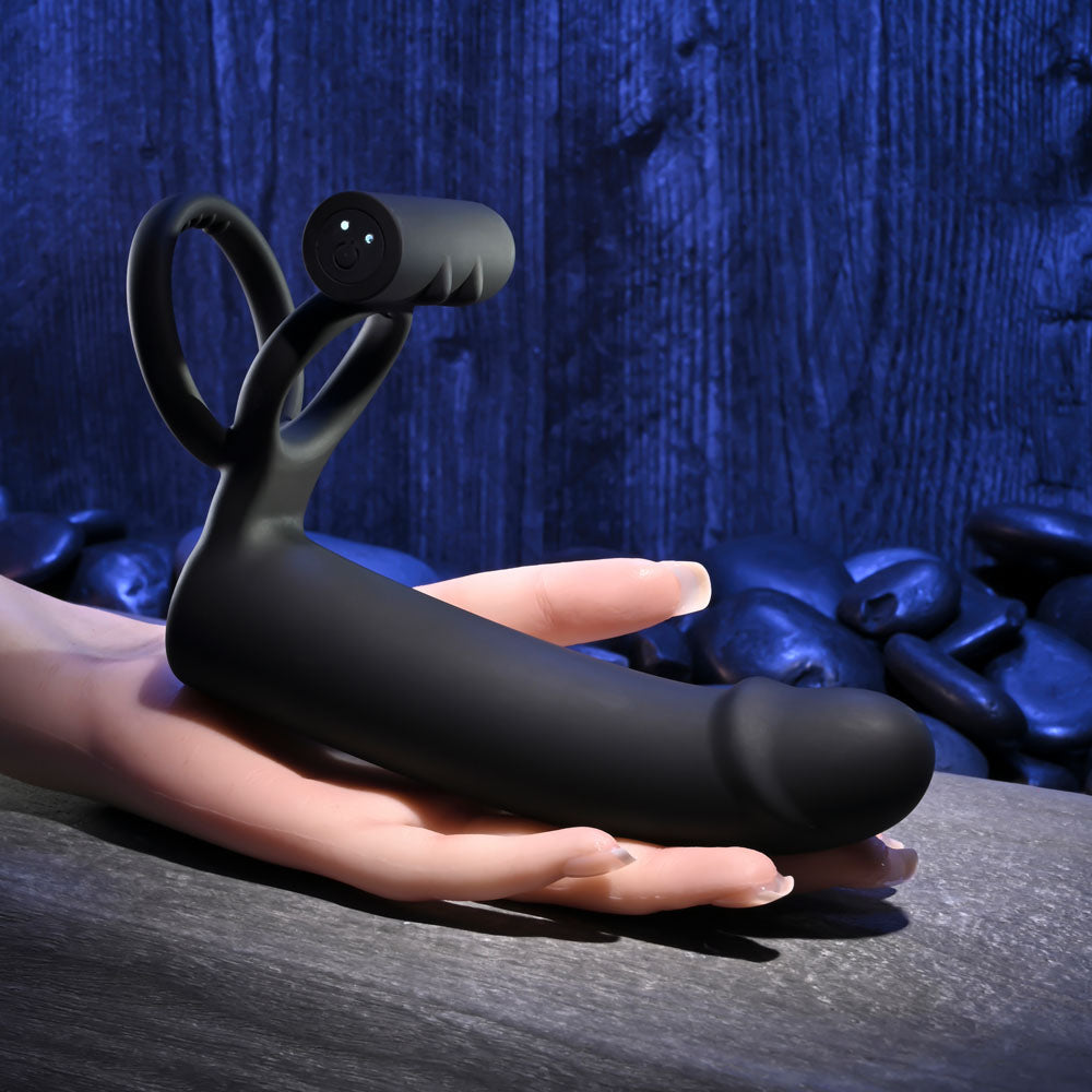 Gender X FULL SWING - Black Vibrating Cock Ring with Double Penetrator Dildo