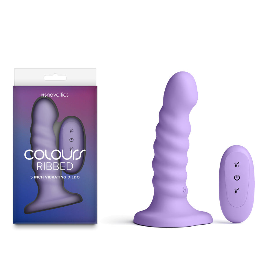 Colours Ribbed - 5'' Vibrating Dildo - Purple - Purple 14.5 cm Vibrating Dildo with Wireless Remote buy online Australia
