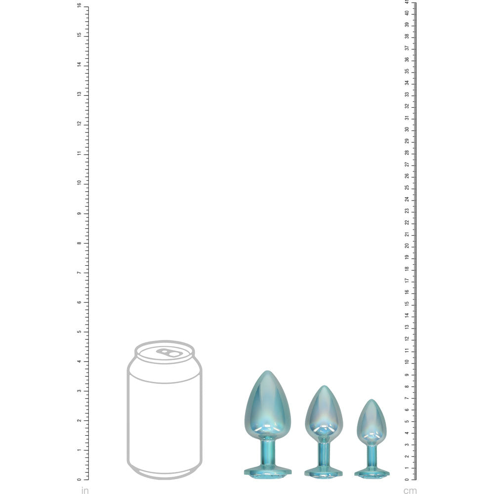 OUCH! Paris Collection - Metal Anal Plug Set - Blue - Metallic Blue Butt Plugs with Gem Bases - Set of 3 Sizes