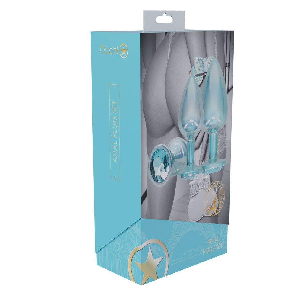 OUCH! Paris Collection - Metal Anal Plug Set - Blue - Metallic Blue Butt Plugs with Gem Bases - Set of 3 Sizes