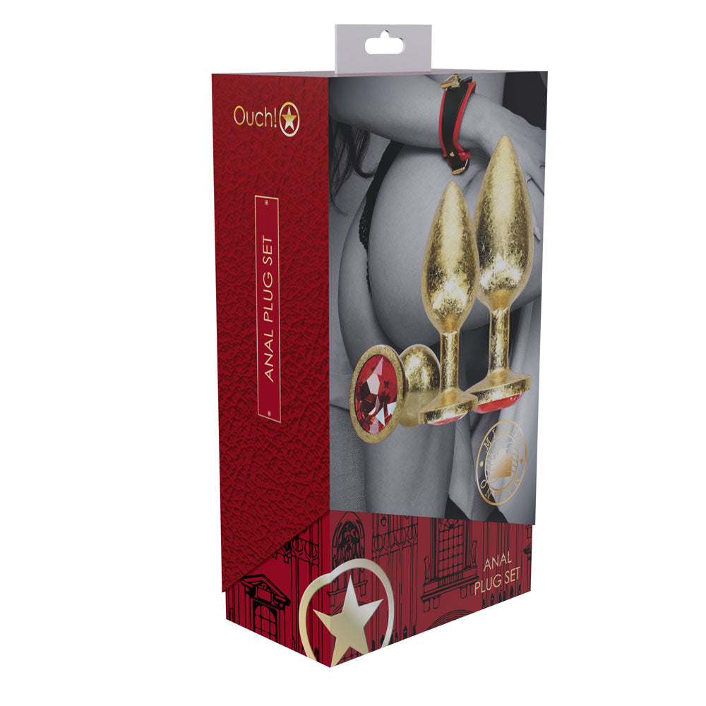 OUCH! Milan Collection - Metal Anal Plug Set - Gold - Gold Butt Plugs with Gem Bases - Set of 3 Sizes