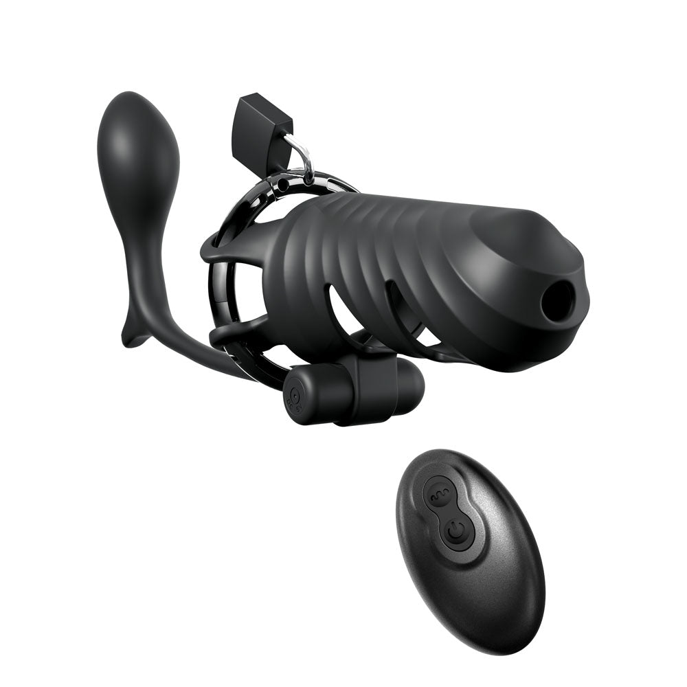 Fantasy C-Ringz Remote-Controlled Vibrating Cock Blocker with Ass-Gasm Plug - Black Vibrating Cock Cage with Anal Plug