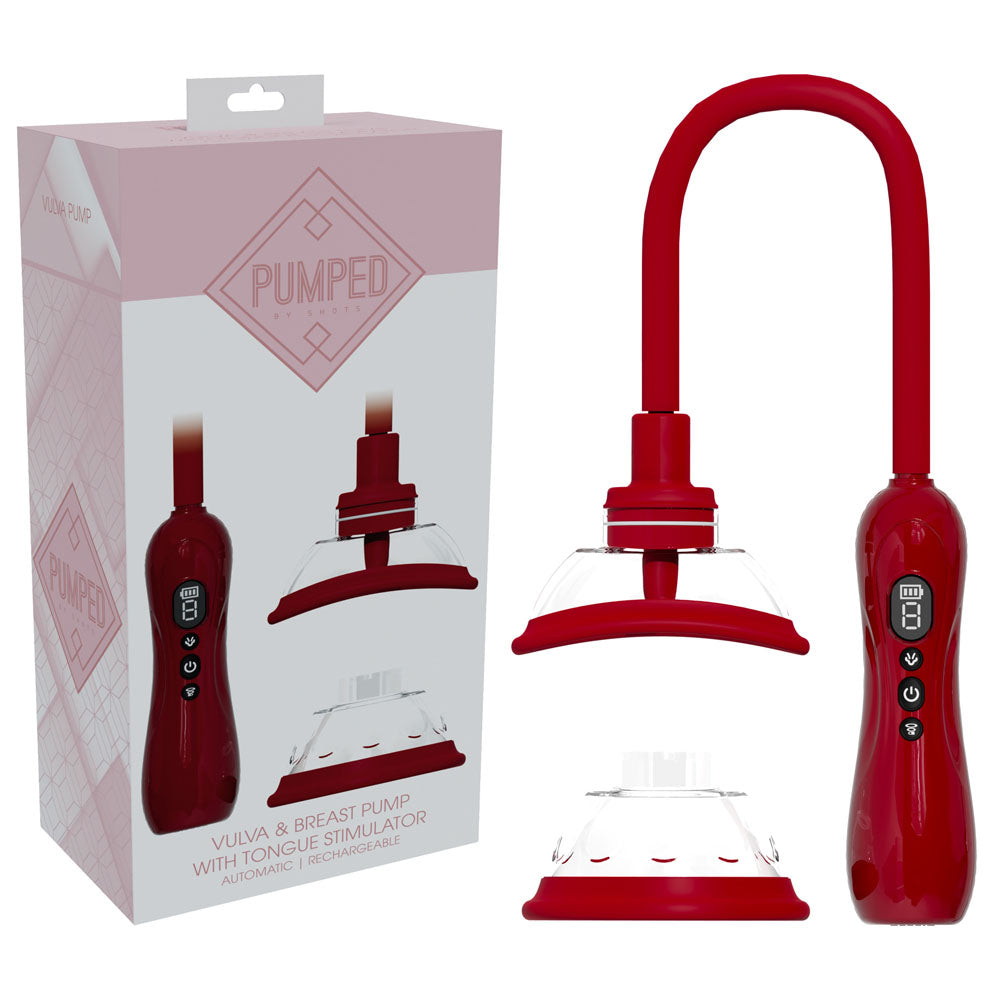 Shots Pumped Vulva & Breast Pump with Tongue Stimulator Red USB Rechargeable Ladies Pump Set