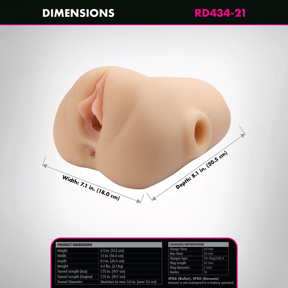 PDX Plus Double Pounder Vibrating Squeeze Stroker - Flesh - Flesh USB Rechargeable Vibrating Vagina Stroker — view 8