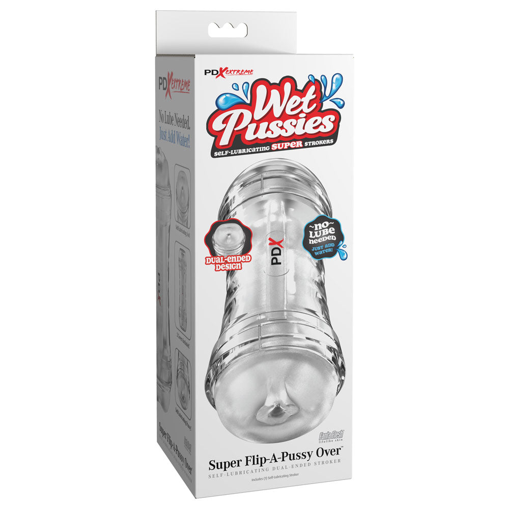 PDX Wet Pussies Super Flip-A-Pussy Over - Clear - Clear Dual Ended Self Lubricating Stroker (Vagina & Ass)