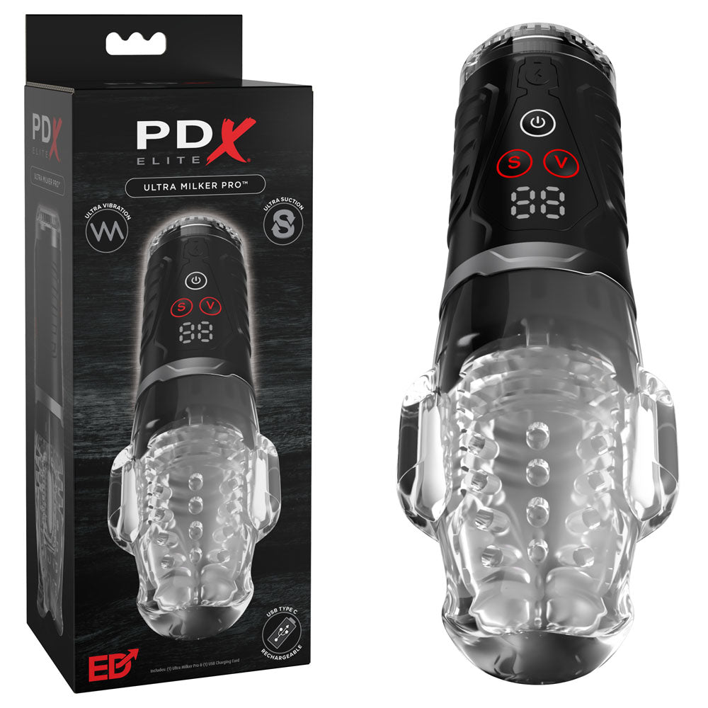 PDX Elite Ultra Milker Pro - Clear USB Rechargeable Vibrating & Sucking Auto Stroker