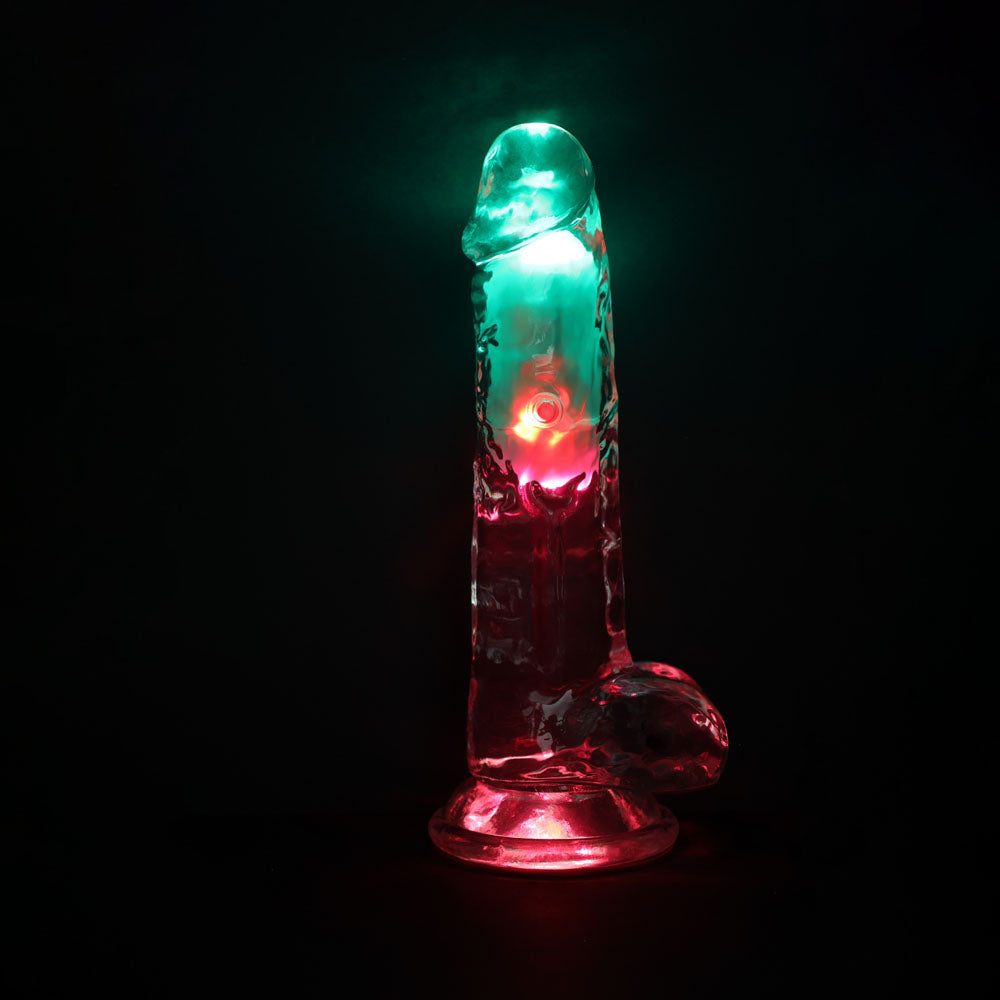 REALROCK 8'' with Balls Wireless LED Vibrating Dong - Clear with LED 22.5 cm Vibrating Dong with Remote