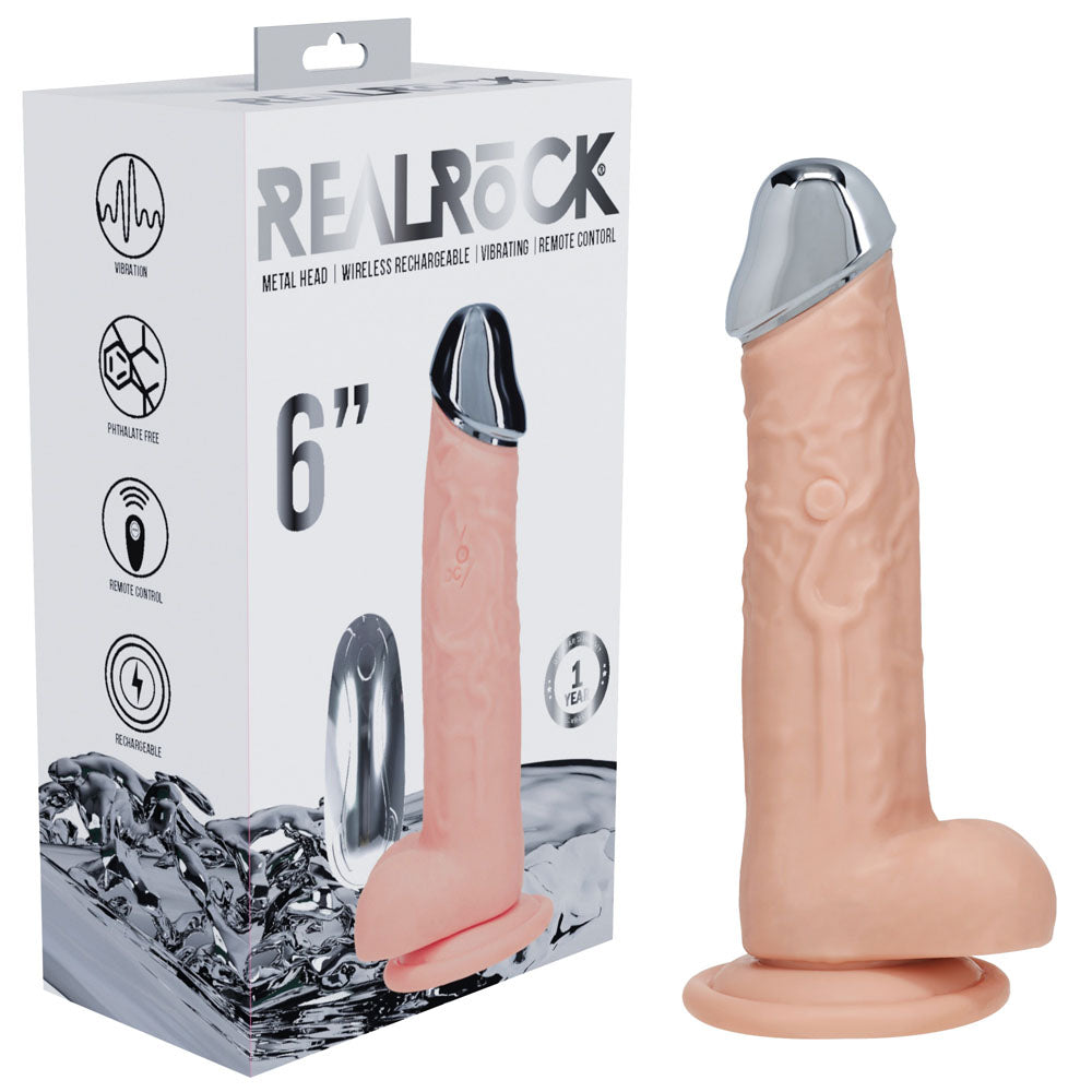 REALROCK Metal Head 6'' Rechargeable Dildo - Flesh - Flesh 16.2 cm USB Rechargeable Vibrating Dildo with Metal Head and 