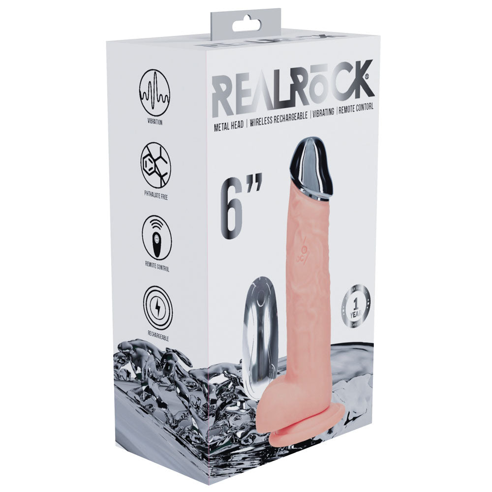 REALROCK Metal Head 6'' Rechargeable Dildo - Flesh - Flesh 16.2 cm USB Rechargeable Vibrating Dildo with Metal Head and Wi...