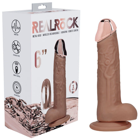 REALROCK Metal Head 6'' Rechargeable Dildo - Tan - Tan 16.2 cm USB Rechargeable Vibrating Dildo with Metal Head and Wirele...