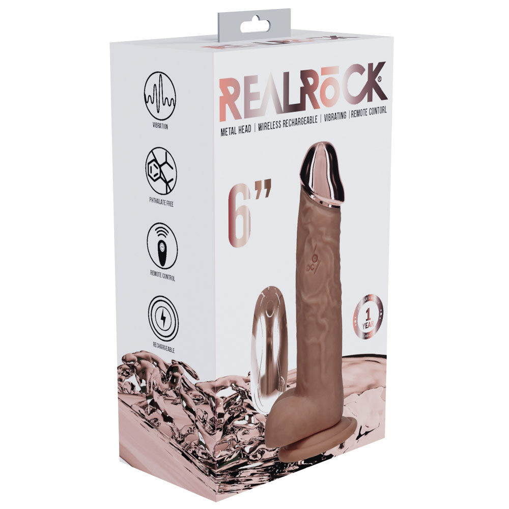 REALROCK Metal Head 6'' Rechargeable Dildo - Tan - Tan 16.2 cm USB Rechargeable Vibrating Dildo with Metal Head and Wirele...