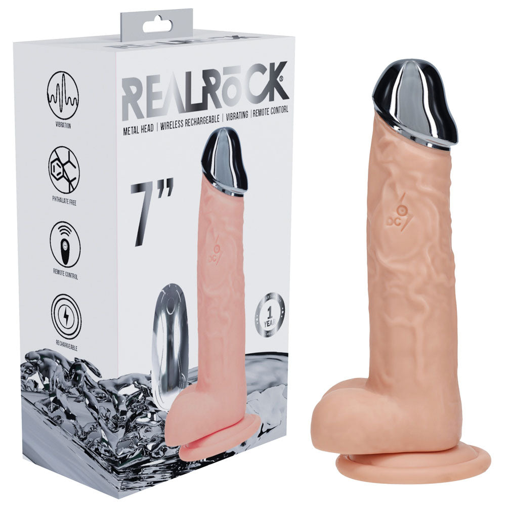 REALROCK Metal Head 7'' Rechargeable Dildo - Flesh - Flesh 19 cm USB Rechargeable Vibrating Dildo with Metal Head and Wi