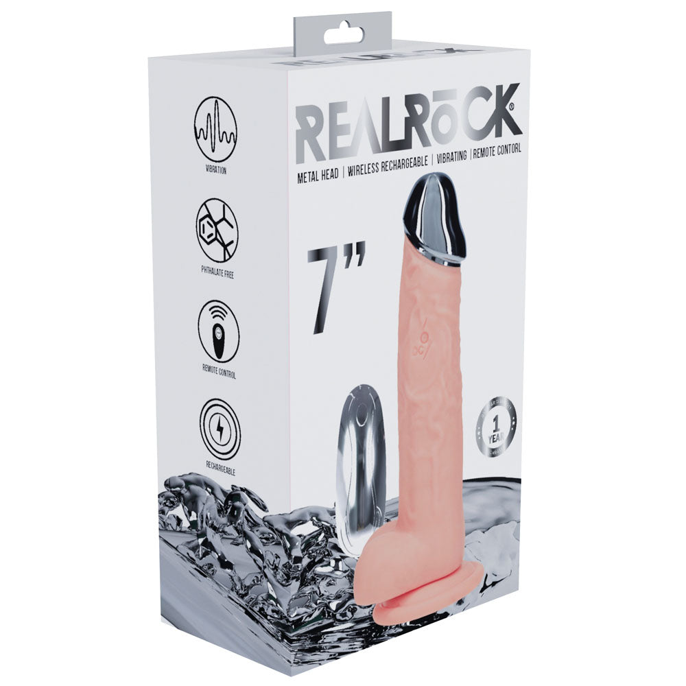 REALROCK Metal Head 7'' Rechargeable Dildo - Flesh - Flesh 19 cm USB Rechargeable Vibrating Dildo with Metal Head and Wire...