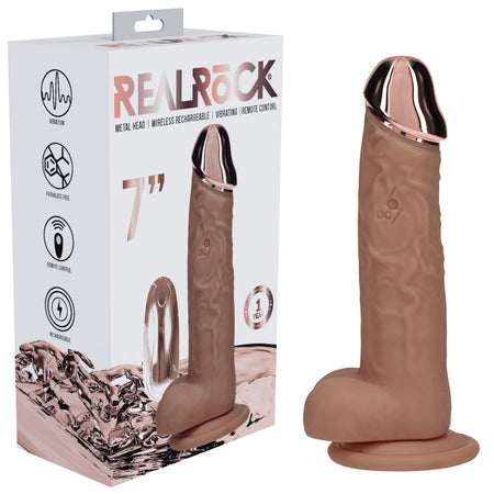 REALROCK Metal Head 7'' Rechargeable Dildo - Tan - Tan 19 cm USB Rechargeable Vibrating Dildo with Metal Head and Wireless...