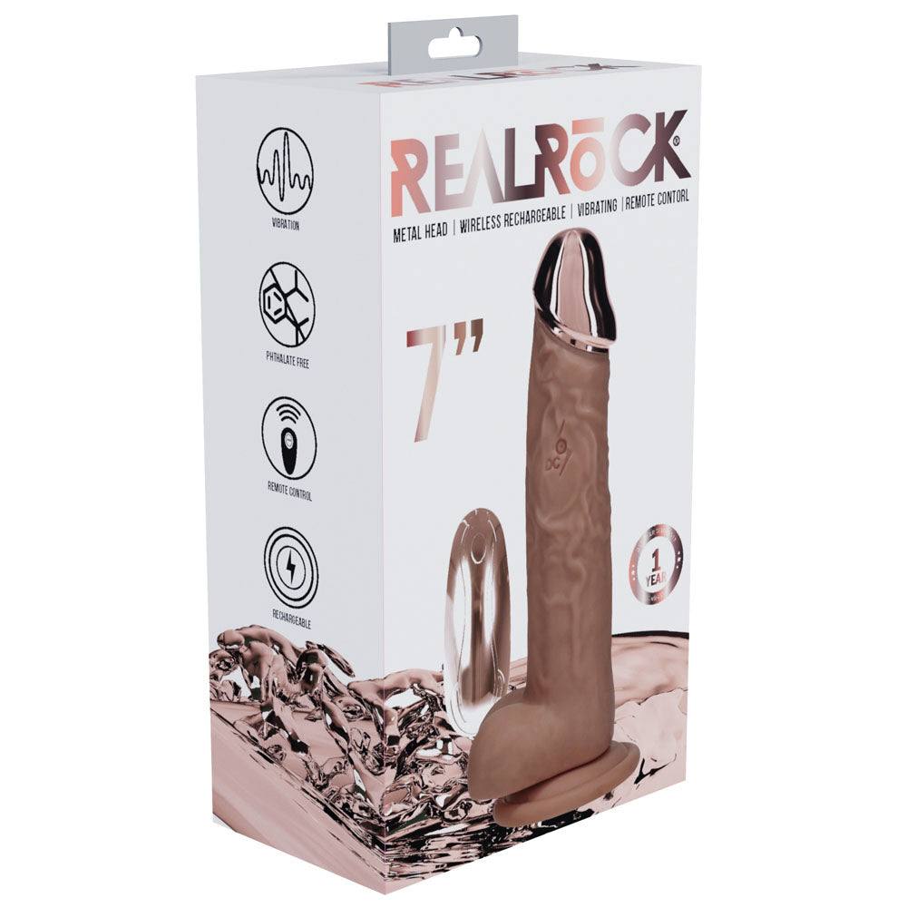 REALROCK Metal Head 7'' Rechargeable Dildo - Tan - Tan 19 cm USB Rechargeable Vibrating Dildo with Metal Head and Wireless...