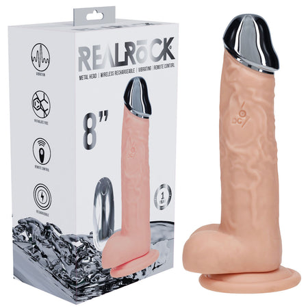 REALROCK Metal Head 8'' Rechargeable Dildo - Flesh - Flesh 22 cm USB Rechargeable Vibrating Dildo with Metal Head and Wi