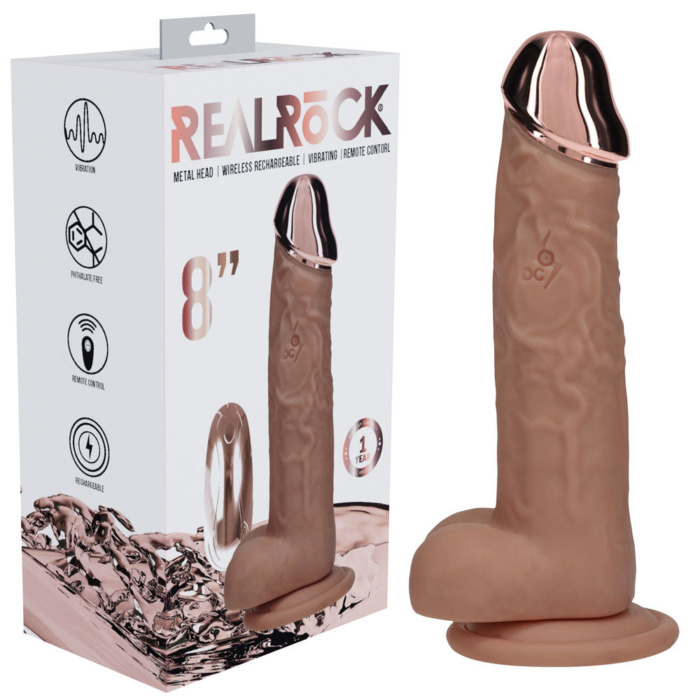 REALROCK Metal Head 8'' Rechargeable Dildo - Tan - Tan 22 cm USB Rechargeable Vibrating Dildo with Metal Head and Wireless...