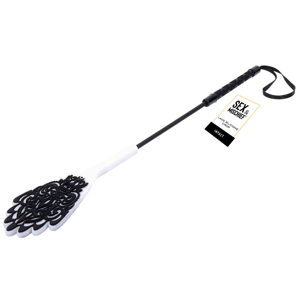 Sex & Mischief Lace Silicone Crop - Black/White 50 cm Crop Whip — image 4