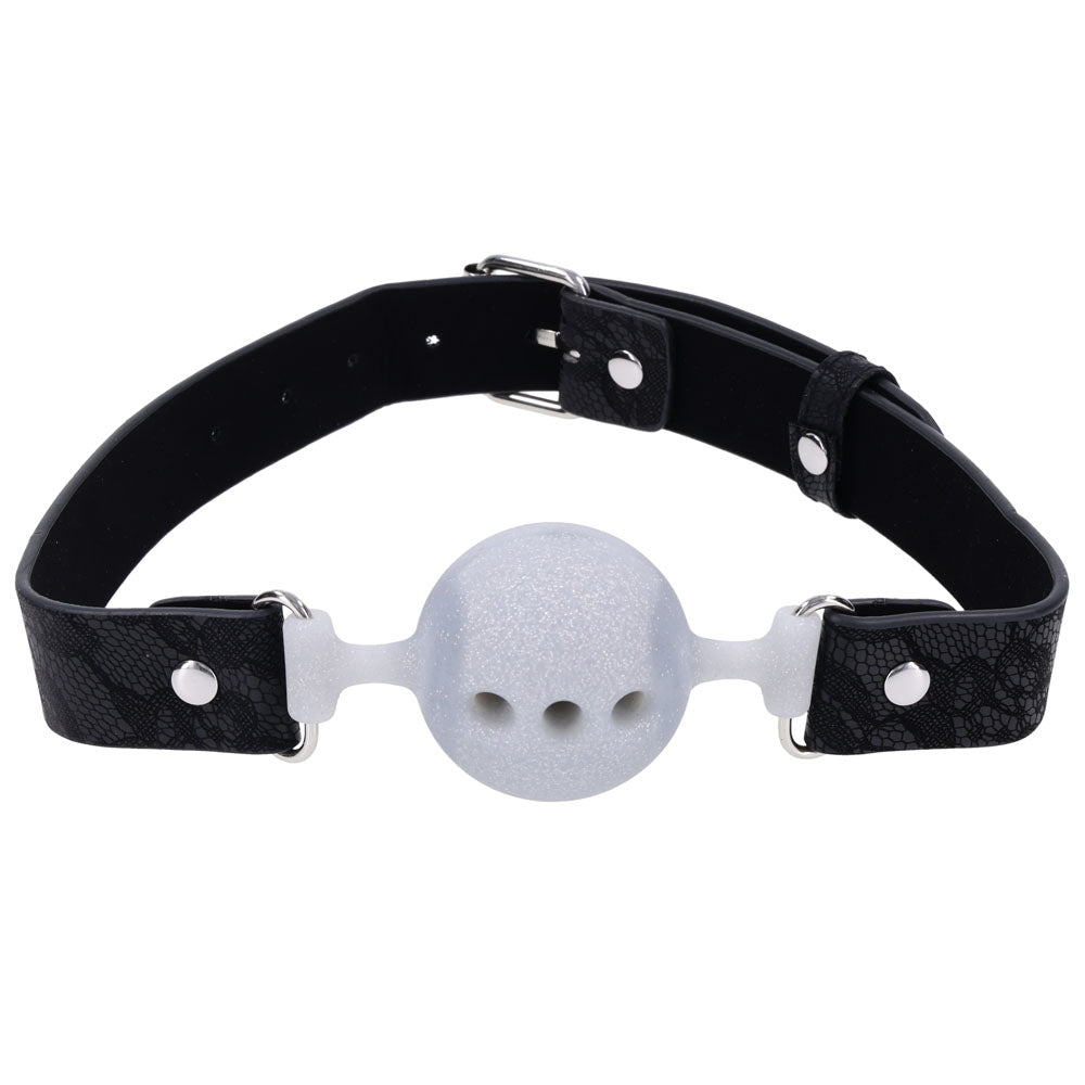Sex & Mischief Lace Silicone Breathable Ball Gag - Black/Grey Mouth Restraint — image 4