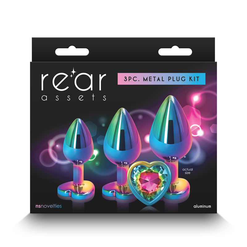 Rear Assets - Trainer Kit - Multicolour - Rainbow Heart - Multi Coloured Metallic Butt Plugs with Rainbow Hearts - Set of 3 S